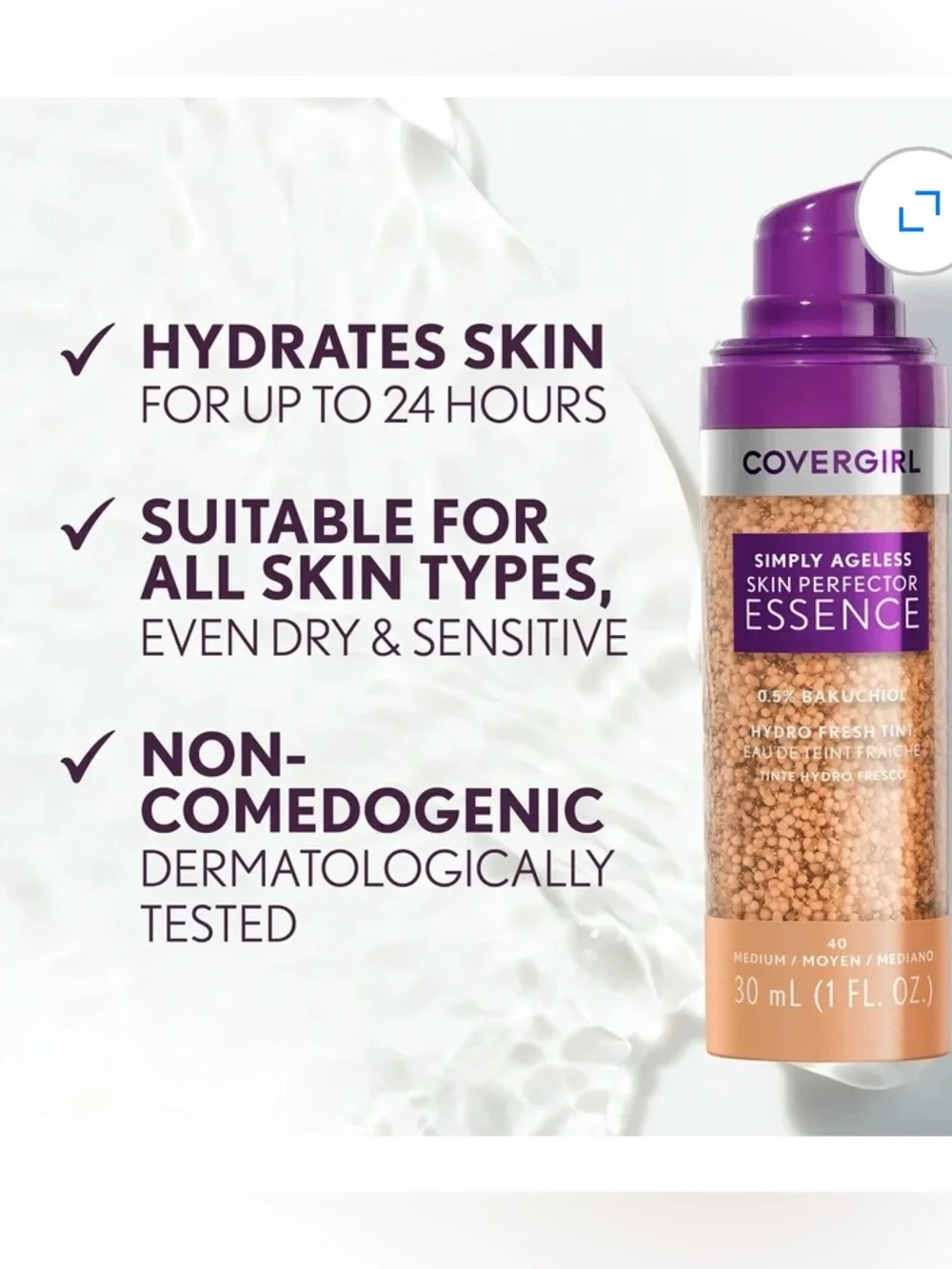 COVERGIRL Simply Ageless Skin Perfector Essence — Purple Cap, 20-Light Shade NWT